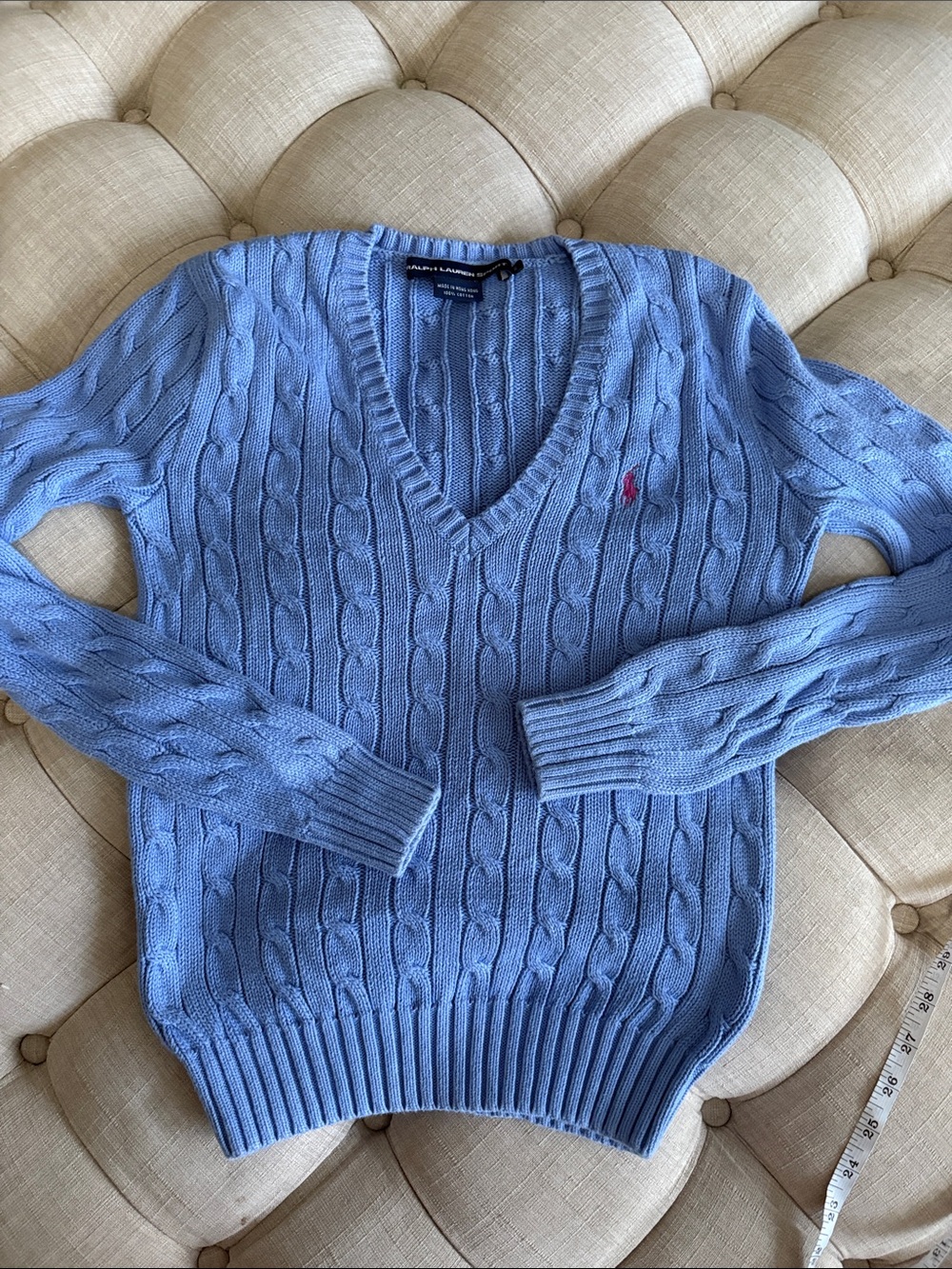 Ralph Lauren Women’s Light Blue Cable Knit V-Neck Sweater